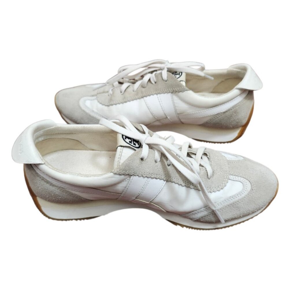 Tory Burch White Leather Suede Sneakers Size 8.5M Retro Runner Lace Up Casual - Picture 7 of 13